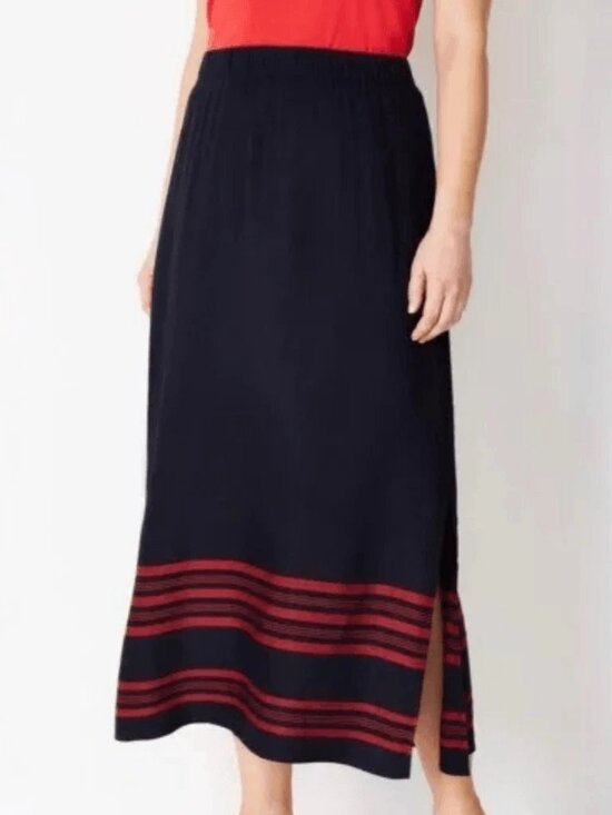 J. Jill Dresses & Skirts - J. Jill Skirt Womens Small Blue Red Striped Maxi Side Slits Linen Blend